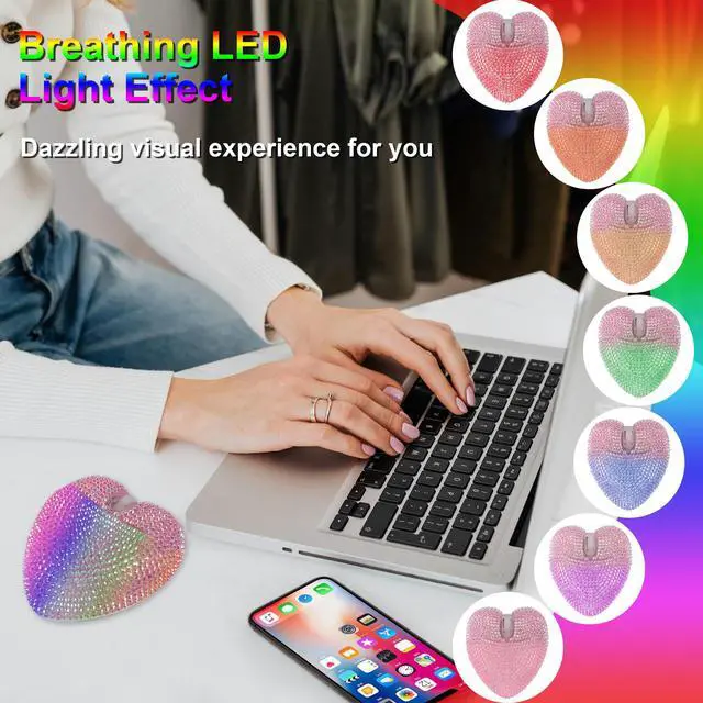 Alt view image 3 of 7 - Wireless Mouse Bluetooth Cute Bling Diamond-Encrusted Pink Heart Shape Computer Mice with LED Light 1000DPI 2.4GHz & Bluetooth Dual Mode Rechargeable USB Cordless Mouse for Laptop PC Desktop Gift