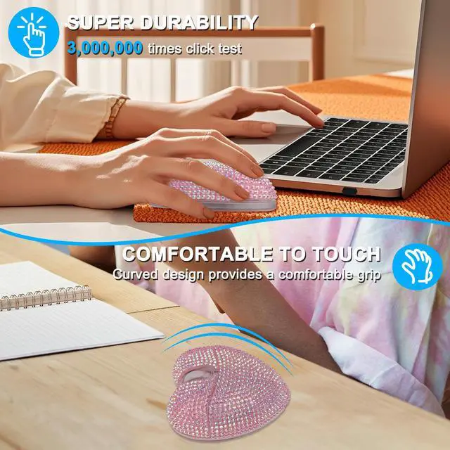 Alt view image 4 of 7 - Wireless Mouse Bluetooth Cute Bling Diamond-Encrusted Pink Heart Shape Computer Mice with LED Light 1000DPI 2.4GHz & Bluetooth Dual Mode Rechargeable USB Cordless Mouse for Laptop PC Desktop Gift