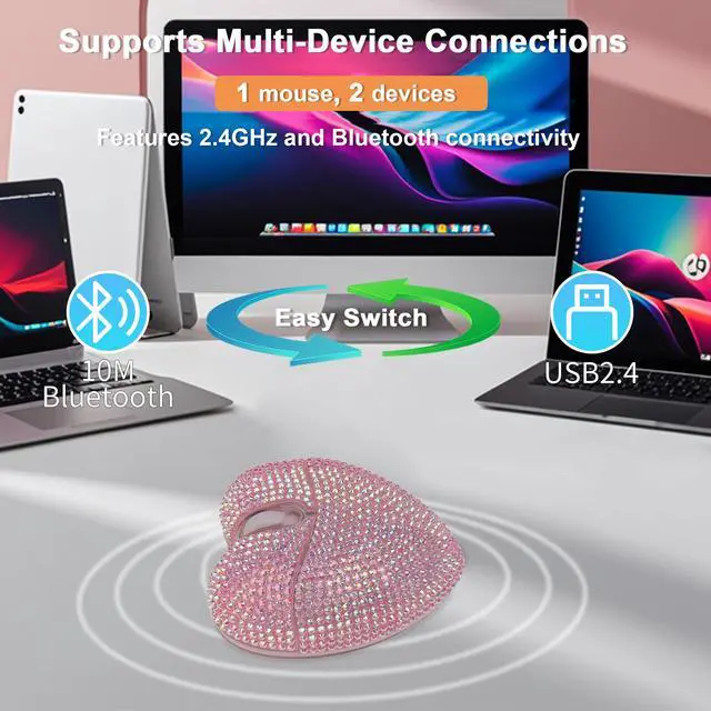 Alt view image 2 of 7 - Wireless Mouse Bluetooth Cute Bling Diamond-Encrusted Pink Heart Shape Computer Mice with LED Light 1000DPI 2.4GHz & Bluetooth Dual Mode Rechargeable USB Cordless Mouse for Laptop PC Desktop Gift