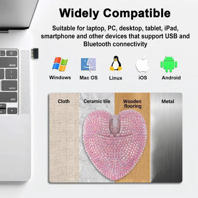 Alt view image 7 of 7 - Wireless Mouse Bluetooth Cute Bling Diamond-Encrusted Pink Heart Shape Computer Mice with LED Light 1000DPI 2.4GHz & Bluetooth Dual Mode Rechargeable USB Cordless Mouse for Laptop PC Desktop Gift