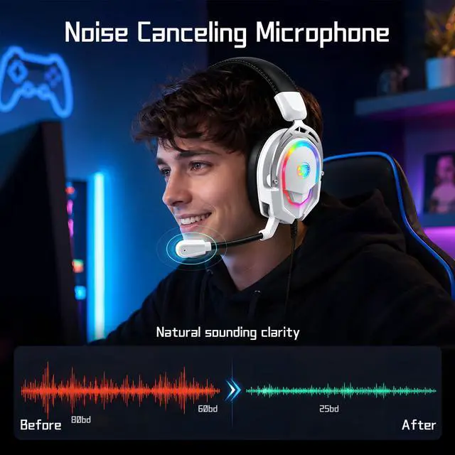Alt view image 2 of 7 - K98 Gaming Headset with Microphone, Wired Over Ear Gaming Headphones Compatible with PS5/PS4/PC/Xbox Series X/S, RGB, Noise Cancelling Mic, Zero-Latency Audio