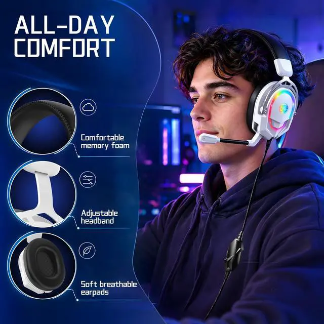 Alt view image 4 of 7 - K98 Gaming Headset with Microphone, Wired Over Ear Gaming Headphones Compatible with PS5/PS4/PC/Xbox Series X/S, RGB, Noise Cancelling Mic, Zero-Latency Audio