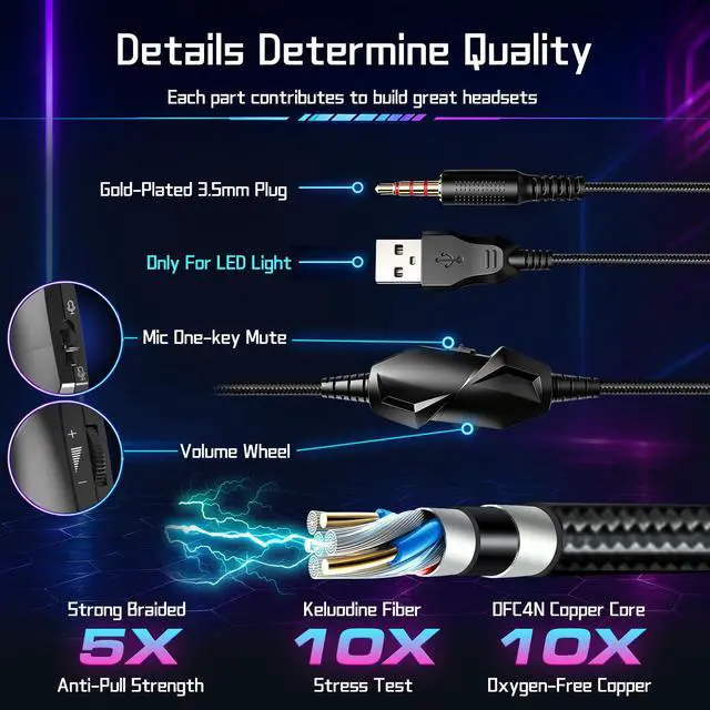 Alt view image 5 of 7 - K98 Gaming Headset with Microphone, Wired Over Ear Gaming Headphones Compatible with PS5/PS4/PC/Xbox Series X/S, RGB, Noise Cancelling Mic, Zero-Latency Audio