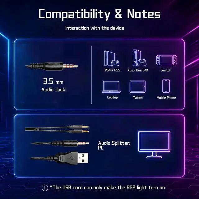 Alt view image 6 of 7 - K98 Gaming Headset with Microphone, Wired Over Ear Gaming Headphones Compatible with PS5/PS4/PC/Xbox Series X/S, RGB, Noise Cancelling Mic, Zero-Latency Audio