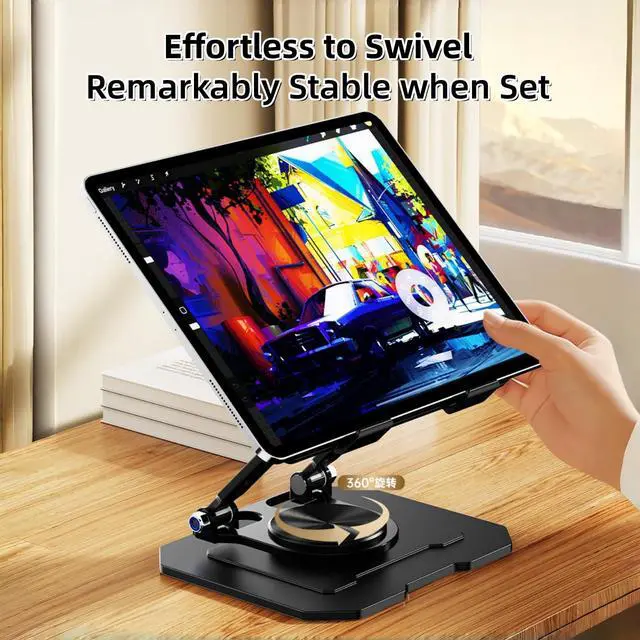 Alt view image 5 of 7 - Ultra-Stable 360° Rotatable Metal Tablet Stand, Adjustable Folding Desktop Stand for iPad/iPhone/Switch, Universal Use for Office/Movie/Studying/Drawing/Gaming, Black