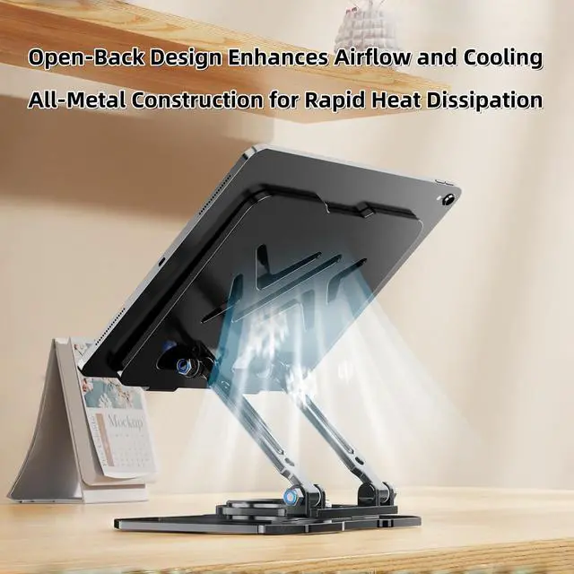 Alt view image 7 of 7 - Ultra-Stable 360° Rotatable Metal Tablet Stand, Adjustable Folding Desktop Stand for iPad/iPhone/Switch, Universal Use for Office/Movie/Studying/Drawing/Gaming, Black