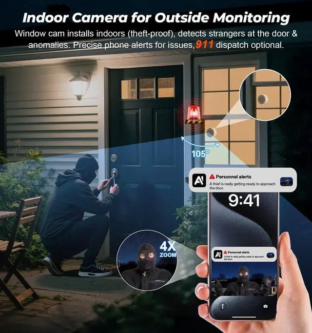 Alt view image 2 of 7 - 4MP 2K Window Security Camera, 5G & 2.4GHz WiFi Indoor Camera Wireless, Blacklight Color Night Vision Monitor Outside Window Cam Mount Glass, 24/7 Recording AI Motion Detection, Quick Magnetic Install