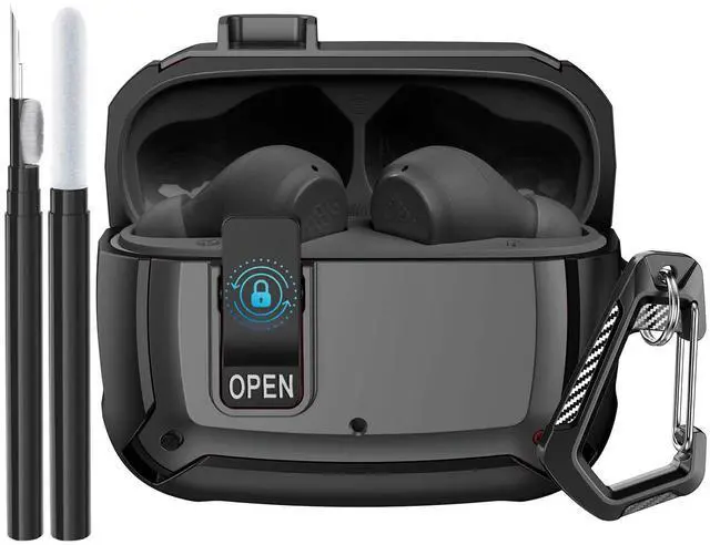 Main image of Compatible JBL Vibe Beam/Beam 2 Case 2025 Lock Clip for Men Women, Military Shell JBL Vibe Beam/200TWS Cover Protective Armor Skin with with Cleaner Kit & Carabiner, Black