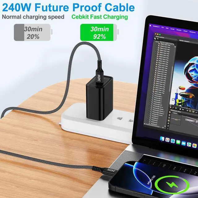 Alt view image 2 of 7 - 240W USB C to USB C Cable Fast Charging for iPhone 17 Pro Max/Air/17 Pro/17/16e/16 Pro Max/16 Pro/16 Plus/16/15 Pro Max/15 Pro/15 Plus/15,6ft Type-C Phone Charger Cord Braided USBC for Samsung Galaxy