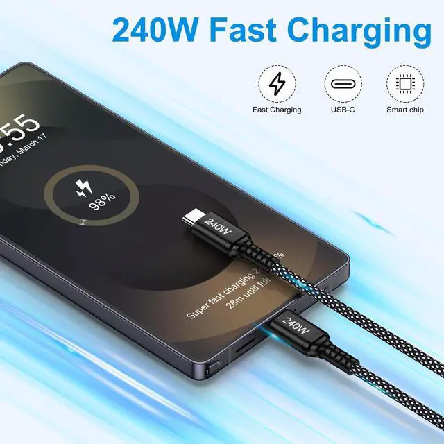 Alt view image 3 of 7 - 240W USB C to USB C Cable Fast Charging for iPhone 17 Pro Max/Air/17 Pro/17/16e/16 Pro Max/16 Pro/16 Plus/16/15 Pro Max/15 Pro/15 Plus/15,6ft Type-C Phone Charger Cord Braided USBC for Samsung Galaxy