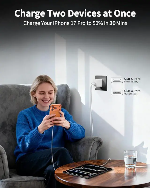 Alt view image 3 of 7 - USB C Wall Charger Block,20W USB C&USB A Dual Port Charging Block Plug USB C Power Adapter Compatiblefor iPhone 17/17e /17 Pro Max/Air/16e/16 ProMax/16Plus/15/14/13/12/11/XS,iWatch,iPad Pro/Air/Mini