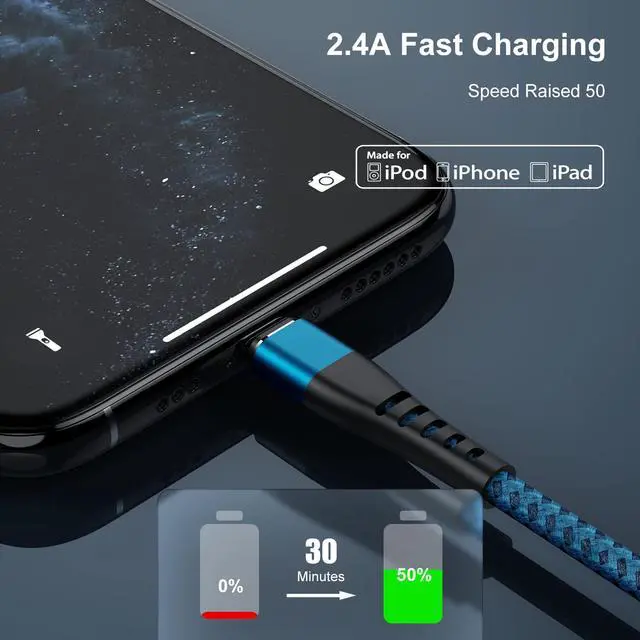 Alt view image 5 of 7 - 2Pack for iPhone Charger Cord 1FT, Lighting Cable 1 Feet to USB Charging Cable, Nylon Braided Charging Cord 1 Foot Compatible with iPhone 14 13 12 11 X XS XR 15 Pad - Blue