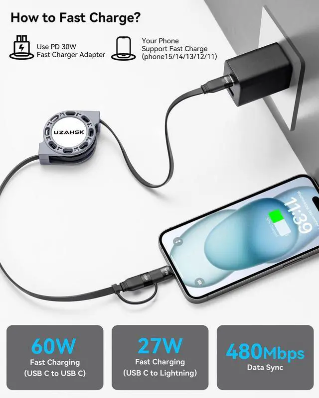 Alt view image 2 of 7 - 2 in 1 Retractable USB-C to Lightning/Type-C Charger, 2Pack 4ft, 60W Fast Charge for iPhone 13/14/15/16/17 Pro Max/Plus/Air/Mini/iPad/Samsung/Tablets