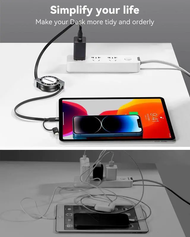 Alt view image 6 of 7 - 2 in 1 Retractable USB-C to Lightning/Type-C Charger, 2Pack 4ft, 60W Fast Charge for iPhone 13/14/15/16/17 Pro Max/Plus/Air/Mini/iPad/Samsung/Tablets