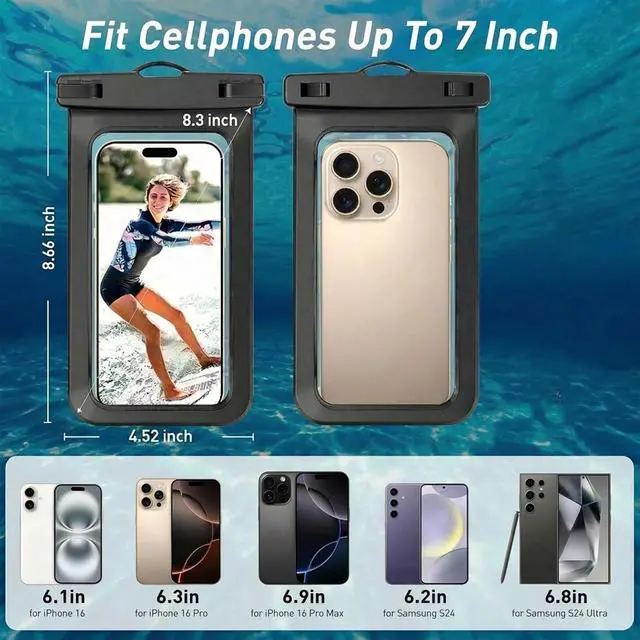 Alt view image 2 of 7 - 1/2/4 Waterproof Case Pouch Cellphone Dry Bag Compatible for iPhone 17 16 15 14 13Pro Max Plus Black | Universal, Up to 7",Cruise Ship, Kayak, Beach Essentials, IPX8 Water Resistant,1 Pack
