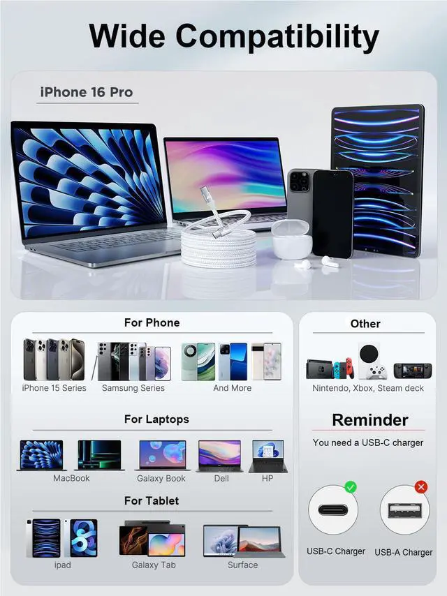 Alt view image 5 of 7 - USB C to USB C Cable 60W 6FT C to C Cable Fast Charging Cord for iPhone17 USB Type C Charger Braided USBC to USBC Charging Cable for iPhone 16 Pro Max 15Plus, MacBook, iPad, Samsung S25 S24