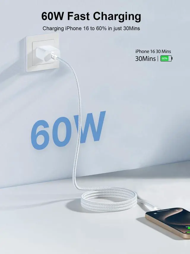 Alt view image 3 of 7 - USB C to USB C Cable 60W 6FT C to C Cable Fast Charging Cord for iPhone17 USB Type C Charger Braided USBC to USBC Charging Cable for iPhone 16 Pro Max 15Plus, MacBook, iPad, Samsung S25 S24