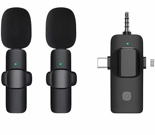 Main image of 3 in 1 Wireless Lavalier Microphones for iPhone, ipad, Android, Camera, 2 PCS Mini Lapel Mic with Noise Reduction for Video Recording, Interview, YouTube, Live Stream (2 Mics - 3 in 1, Black)