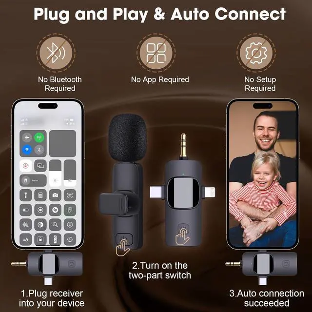 Alt view image 2 of 5 - 3 in 1 Wireless Lavalier Microphones for iPhone, ipad, Android, Camera, 2 PCS Mini Lapel Mic with Noise Reduction for Video Recording, Interview, YouTube, Live Stream (2 Mics - 3 in 1, Black)