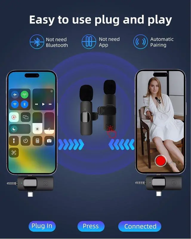 Alt view image 4 of 5 - 3 in 1 Wireless Lavalier Microphones for iPhone, ipad, Android, Camera, 2 PCS Mini Lapel Mic with Noise Reduction for Video Recording, Interview, YouTube, Live Stream (2 Mics - 3 in 1, Black)
