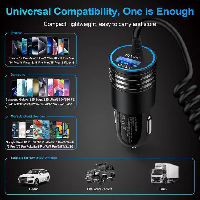 Alt view image 7 of 7 - for iPhone 17e/17/16/15 Car Charger,48W PD+QC USB C Fast Car Charger Cigarette Lighter Adapter with 30W Built-in Coiled Type C Fast Charging Cable for iPhone 17e 17 Pro Max Air 16e 16 Pro Max 16 Plus