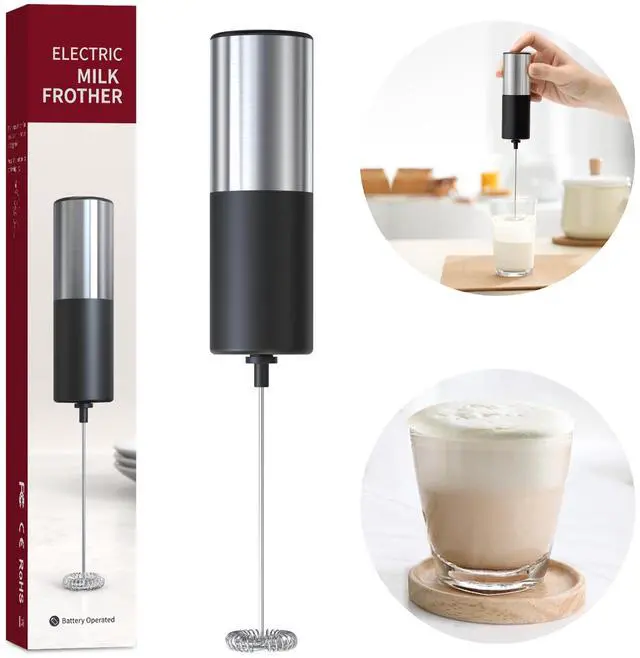 Main image of Electric Milk Frother Handheld Drink Mixer Hand Coffee Whisk Blender Foam Maker Egg Beater, Battery Operated Stainless Steel Whisk & Body, Milkshake Matcha Whisk, Mousseur à Lait Électrique