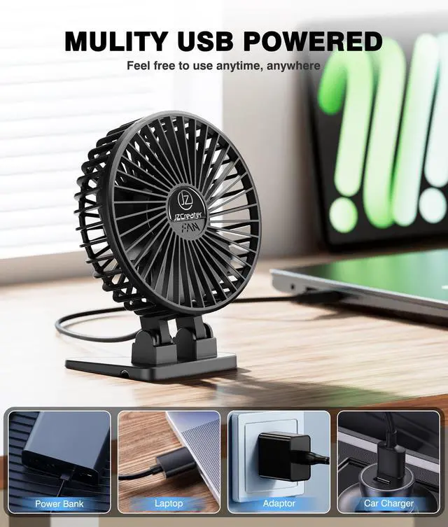 Alt view image 5 of 7 - USB Desk Fan, Mini Portable, 3 Speeds Desktop Table Cooling, Plug in Power, Rotation Strong Wind, Quiet Personal Small for Home Office Travel Bedroom, Black