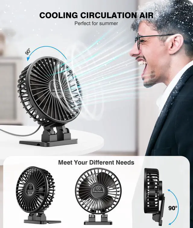 Alt view image 4 of 7 - USB Desk Fan, Mini Portable, 3 Speeds Desktop Table Cooling, Plug in Power, Rotation Strong Wind, Quiet Personal Small for Home Office Travel Bedroom, Black
