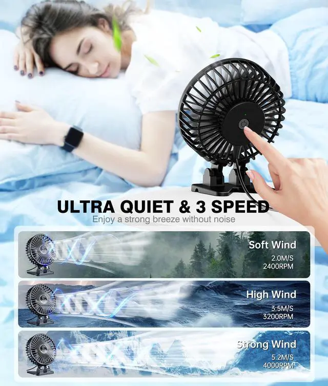 Alt view image 3 of 7 - USB Desk Fan, Mini Portable, 3 Speeds Desktop Table Cooling, Plug in Power, Rotation Strong Wind, Quiet Personal Small for Home Office Travel Bedroom, Black