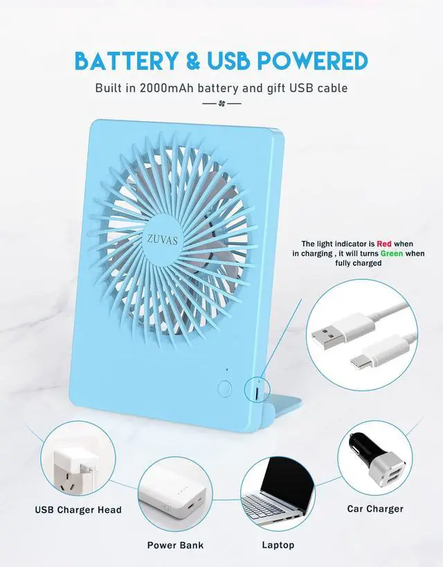 Alt view image 4 of 4 - Zuvas Desk Fan Battery Operated Fan Rechargeable 180°Tilt Folding Personal Fan Ultra Quiet Small Portable 3 Speed Adjustable Strong Wind Fan For Office Bedroom Home Desktop Camping (Blue)