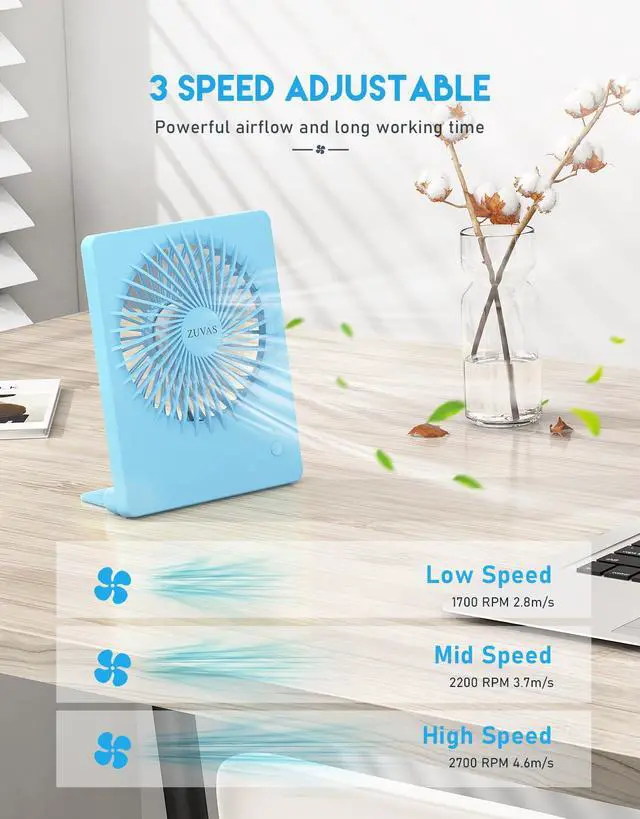 Alt view image 3 of 4 - Zuvas Desk Fan Battery Operated Fan Rechargeable 180°Tilt Folding Personal Fan Ultra Quiet Small Portable 3 Speed Adjustable Strong Wind Fan For Office Bedroom Home Desktop Camping (Blue)