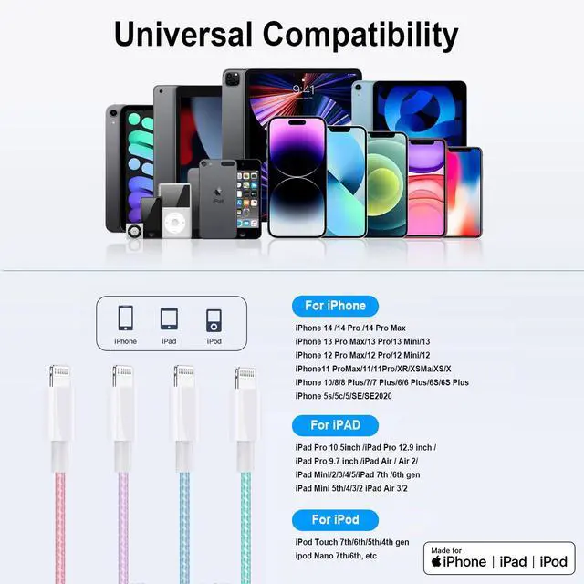 Alt view image 7 of 7 - iPhone Charger 6ft Lightning Cable 4Pack, Apple Certified Nylon Braided USB Fast Charging Cord for iPhone 14 13 12 11 Pro MAX Xs XR X 8 7 6S 6 Plus