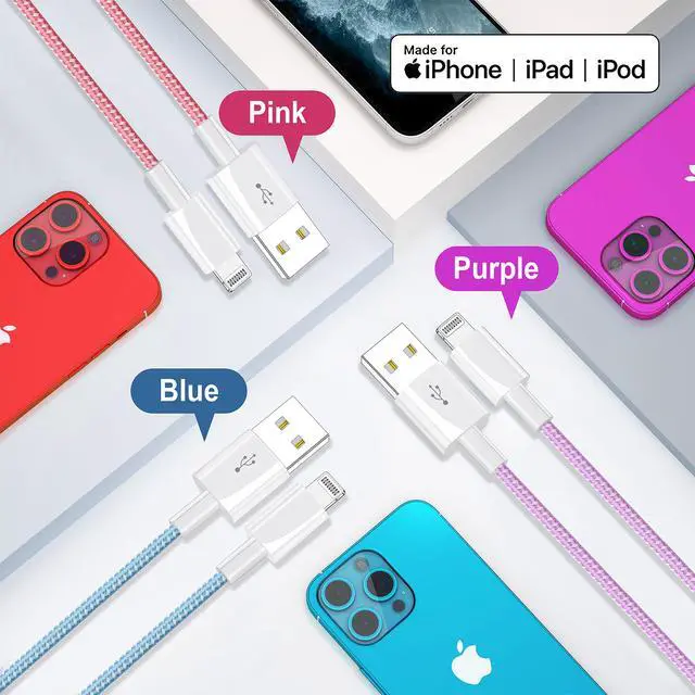 Alt view image 3 of 7 - iPhone Charger 6ft Lightning Cable 4Pack, Apple Certified Nylon Braided USB Fast Charging Cord for iPhone 14 13 12 11 Pro MAX Xs XR X 8 7 6S 6 Plus
