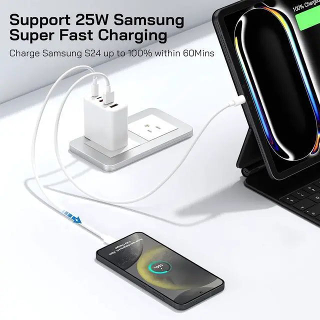 Alt view image 2 of 7 - 60W Multi-Port USB-C Charger with Cables (4FT + 6FT), 5-Port Wall Plug Power Adapter Compatible with iPhone 17/16/15 Series, iPad, Samsung S25/S24, Headphones, smartwatches, and More