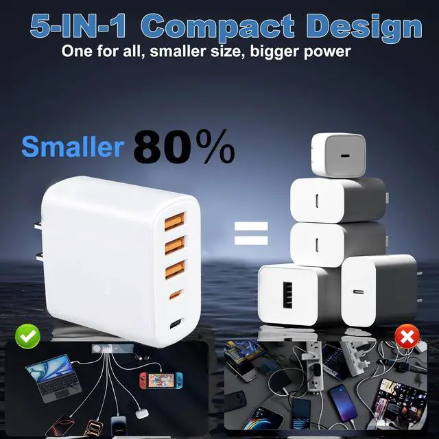 Alt view image 4 of 7 - 60W Multi-Port USB-C Charger with Cables (4FT + 6FT), 5-Port Wall Plug Power Adapter Compatible with iPhone 17/16/15 Series, iPad, Samsung S25/S24, Headphones, smartwatches, and More