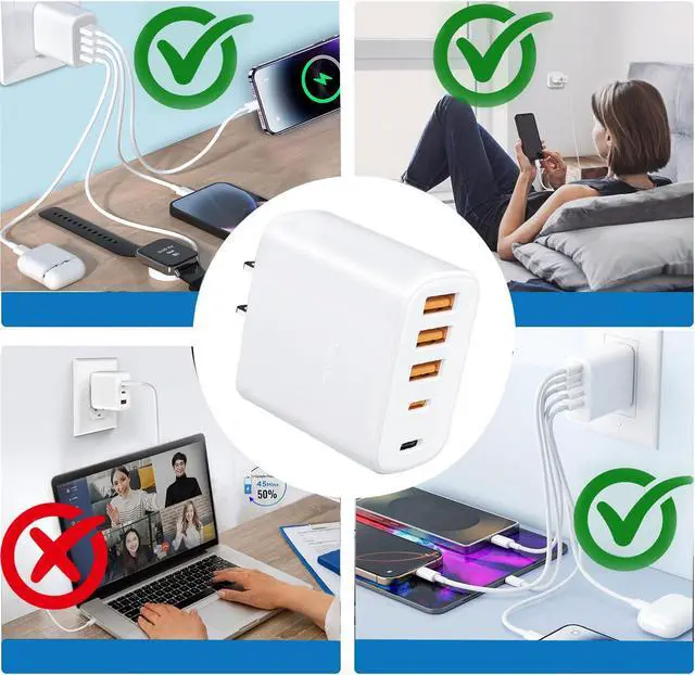 Alt view image 6 of 7 - 60W Multi-Port USB-C Charger with Cables (4FT + 6FT), 5-Port Wall Plug Power Adapter Compatible with iPhone 17/16/15 Series, iPad, Samsung S25/S24, Headphones, smartwatches, and More