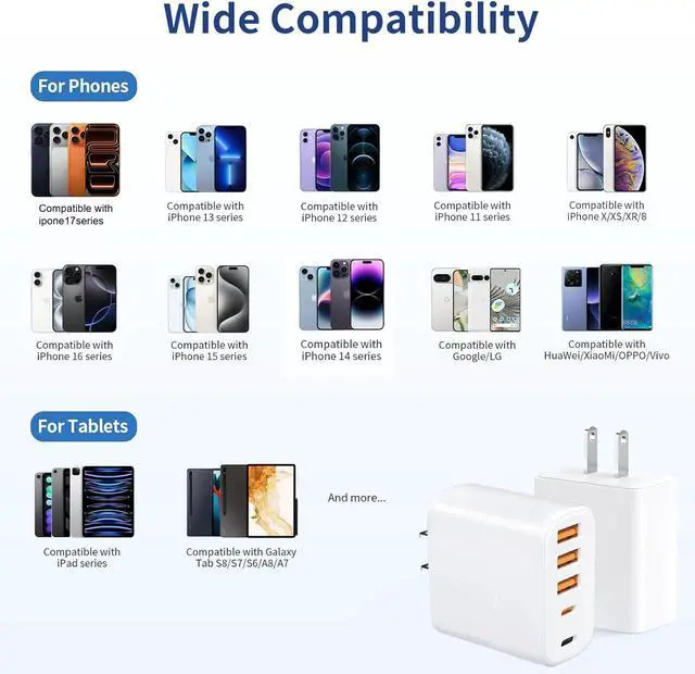 Alt view image 7 of 7 - 60W Multi-Port USB-C Charger with Cables (4FT + 6FT), 5-Port Wall Plug Power Adapter Compatible with iPhone 17/16/15 Series, iPad, Samsung S25/S24, Headphones, smartwatches, and More