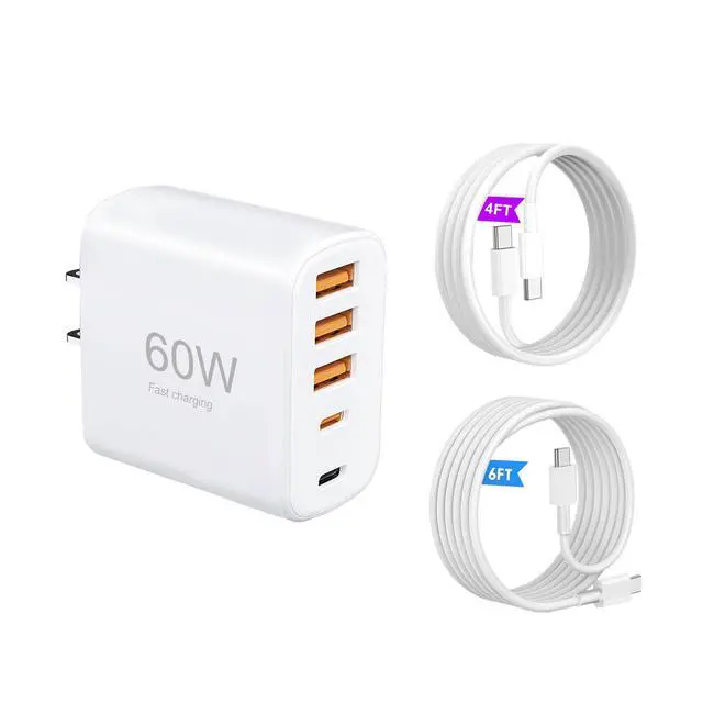 Main image of 60W Multi-Port USB-C Charger with Cables (4FT + 6FT), 5-Port Wall Plug Power Adapter Compatible with iPhone 17/16/15 Series, iPad, Samsung S25/S24, Headphones, smartwatches, and More