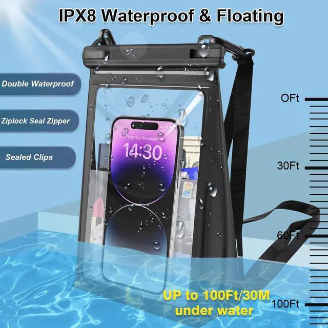 Alt view image 5 of 7 - Large Waterproof Phone Pouch Floating, Waterproof Phone Case for iPhone 15 14 Pro Max 13 Plus 12 11 X XS XR Samsung S23 S22 up to 8.5'', Water Proof Phone Dry Bag for Swimming Kayaking Black