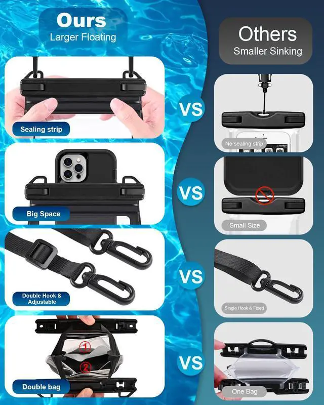 Alt view image 7 of 7 - Large Waterproof Phone Pouch Floating, Waterproof Phone Case for iPhone 15 14 Pro Max 13 Plus 12 11 X XS XR Samsung S23 S22 up to 8.5'', Water Proof Phone Dry Bag for Swimming Kayaking Black