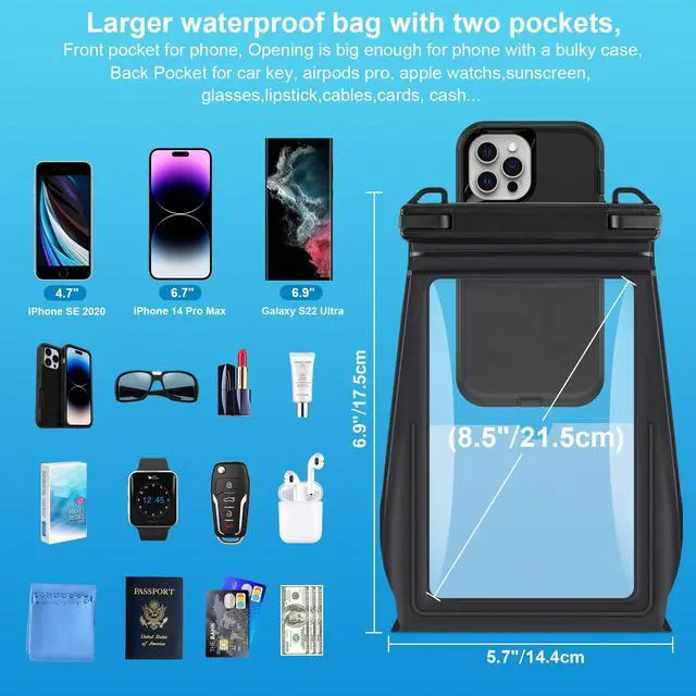 Alt view image 2 of 7 - Large Waterproof Phone Pouch Floating, Waterproof Phone Case for iPhone 15 14 Pro Max 13 Plus 12 11 X XS XR Samsung S23 S22 up to 8.5'', Water Proof Phone Dry Bag for Swimming Kayaking Black