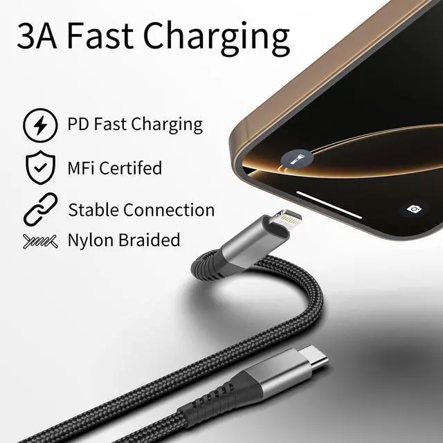 Alt view image 2 of 7 - 2ft USB C to Lightning Cable 3 Pack, Braided 2 foot USB C iPhone Charger Cord, MFi Certified 2 ft iPhone Lightning Cable PD Fast Charging for iPhone 14 13 12 11 Pro Max Xs Plus iPad Air Mini, Black