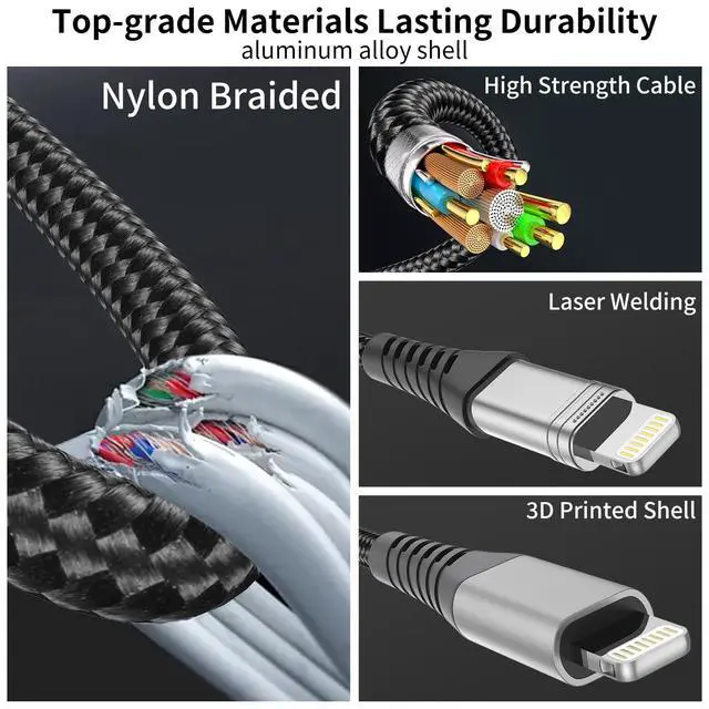 Alt view image 3 of 7 - 2ft USB C to Lightning Cable 3 Pack, Braided 2 foot USB C iPhone Charger Cord, MFi Certified 2 ft iPhone Lightning Cable PD Fast Charging for iPhone 14 13 12 11 Pro Max Xs Plus iPad Air Mini, Black