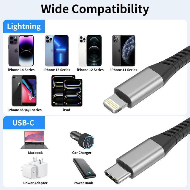 Alt view image 7 of 7 - 2ft USB C to Lightning Cable 3 Pack, Braided 2 foot USB C iPhone Charger Cord, MFi Certified 2 ft iPhone Lightning Cable PD Fast Charging for iPhone 14 13 12 11 Pro Max Xs Plus iPad Air Mini, Black