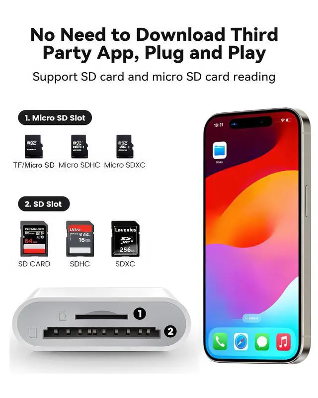 Alt view image 2 of 7 - SD Card Reader for iPhone 15/16/17 Series Dual Slot USB 3.0 Memory Card Reader Portable USB C to SD Micro SD/TF Card Adapter for iPad Pro MacBook Android Camera Laptop Plug and Play