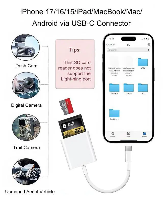 Alt view image 3 of 7 - SD Card Reader for iPhone 15/16/17 Series Dual Slot USB 3.0 Memory Card Reader Portable USB C to SD Micro SD/TF Card Adapter for iPad Pro MacBook Android Camera Laptop Plug and Play