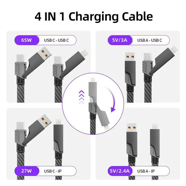 Alt view image 2 of 5 - 4 in 1 Charging Cable 65W, USB C Cable Fast Charger Cord with E-Mark Chip, USB A/C to C/Lightning Cable, Multi iPhone Charger Cord for iPhone16/15/14/13 Series/Phones/Pads and Laptop