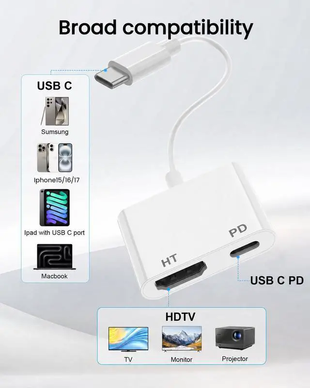 Alt view image 7 of 7 - USB C to HDTV Adapter for TV, Type C to HDTV Adapter with 100W PD Fast Charging, 4K@60Hz, Digital AV Converter for iPhone 16/15, iPad Pro, MacBook, Samsung to HDTV, Projector