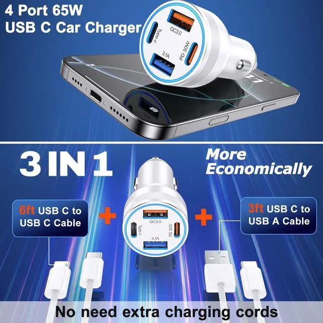Alt view image 2 of 7 - 65W Car Charger for iPhone 17/16 Pro Max, 4 Port USB C Car Charger Fast Charging with 2Pack USB C Cables,Fast Car Phone Charger Cigarette Lighter Adapter for iPhone 17 16 15 Pro Max,iPad,Galaxy