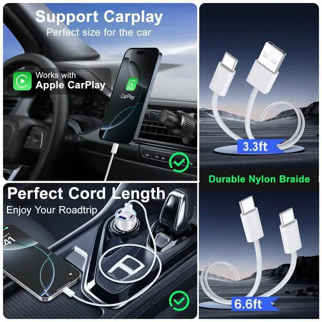 Alt view image 6 of 7 - 65W Car Charger for iPhone 17/16 Pro Max, 4 Port USB C Car Charger Fast Charging with 2Pack USB C Cables,Fast Car Phone Charger Cigarette Lighter Adapter for iPhone 17 16 15 Pro Max,iPad,Galaxy